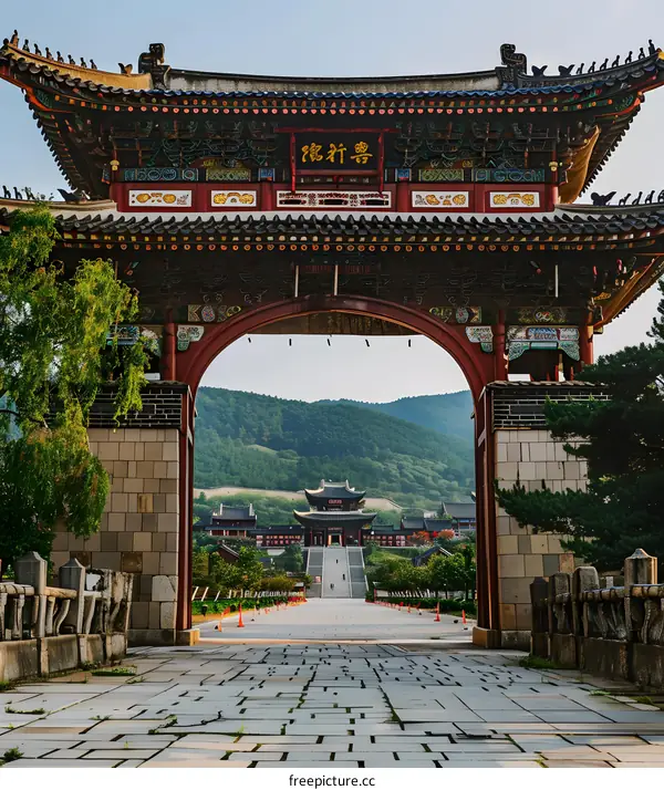Traditional Chinese Architecture with Red Gate and Stone Path