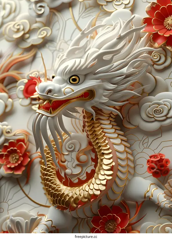 3D rendering of a white dragon with golden scales, surrounded by red and white flowers.