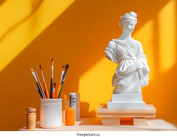 White Statue Of A Woman On A Yellow Background With Brushes In A Jar