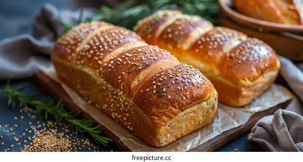 Homemade Bread with Sesame Seeds on a Wooden Board
