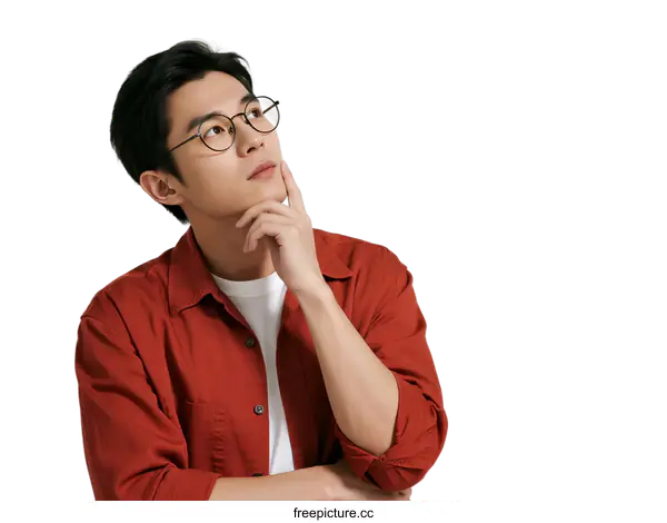 [Transparent Background PNG]A young man in red shirt with glasses thinking deeply