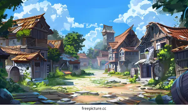 Fantasy Village Illustration with Wooden Houses and Green Trees