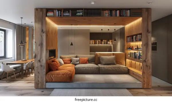 A cozy living room with a sunken seating area