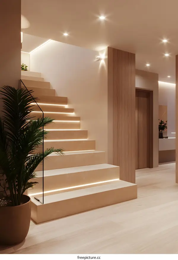 Modern Minimalist Staircase Design with LED Lights and Wooden Walls