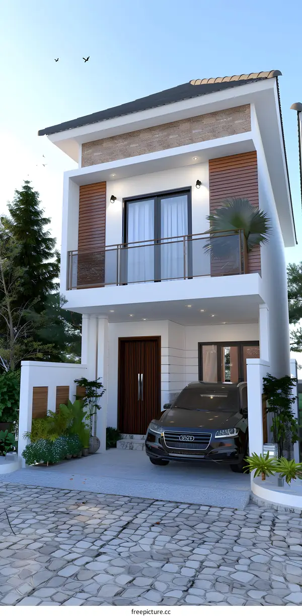 Modern Two Storey House Design With Balcony And Car