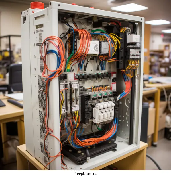 opened electrical control cabinet with lots of wires