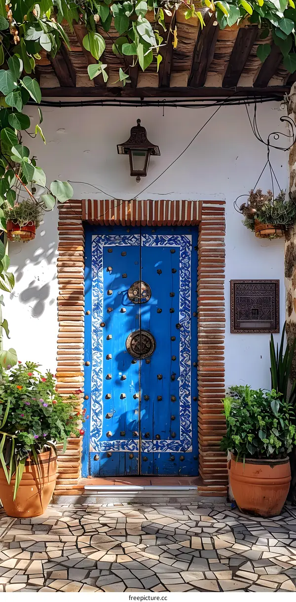 Blue door with intricate carvings