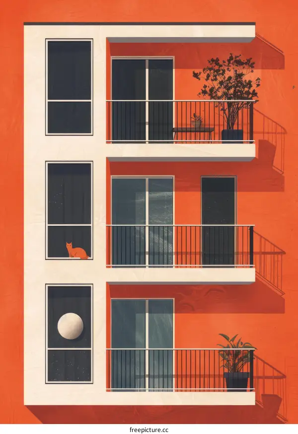 A cat sitting on a balcony of an apartment building