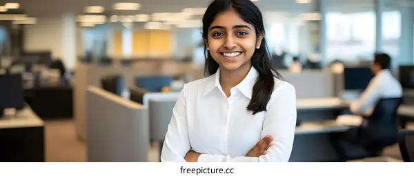Smiling Indian Woman Standing in an Office