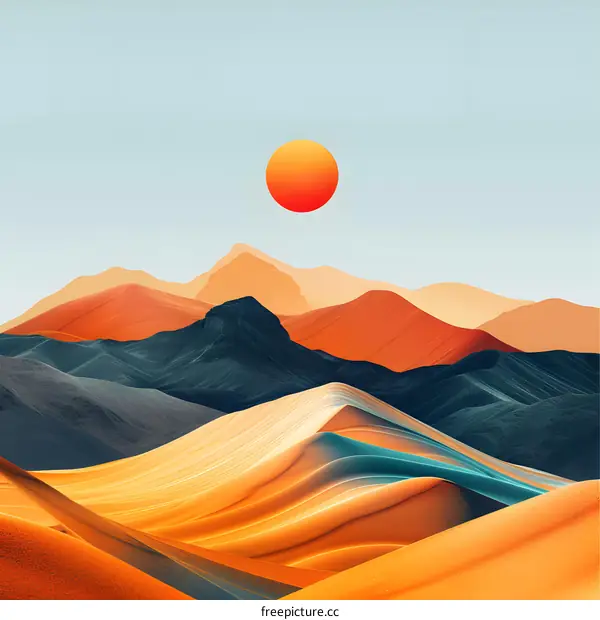 Abstract Mountain Landscape With A Large Orange Sun In The Sky