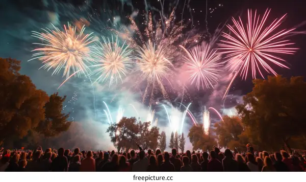 Night sky illuminated by a multitude of fireworks above a crowd of people