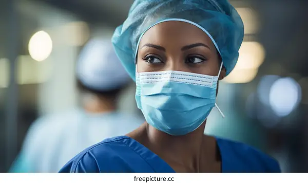 Portrait of a thoughtful female doctor wearing a surgical mask and cap