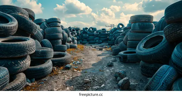 A Big Pile of Scrap Car Tires in an Outdoor Junkyard Under a Cloudy Sky