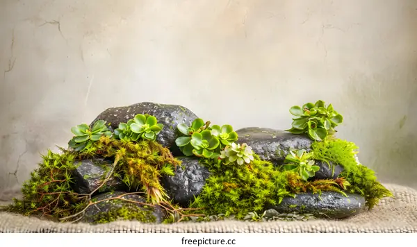 Green Succulents and Moss on Rocks with Natural Background