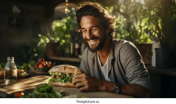 Bearded man eating a sandwich at a wooden table