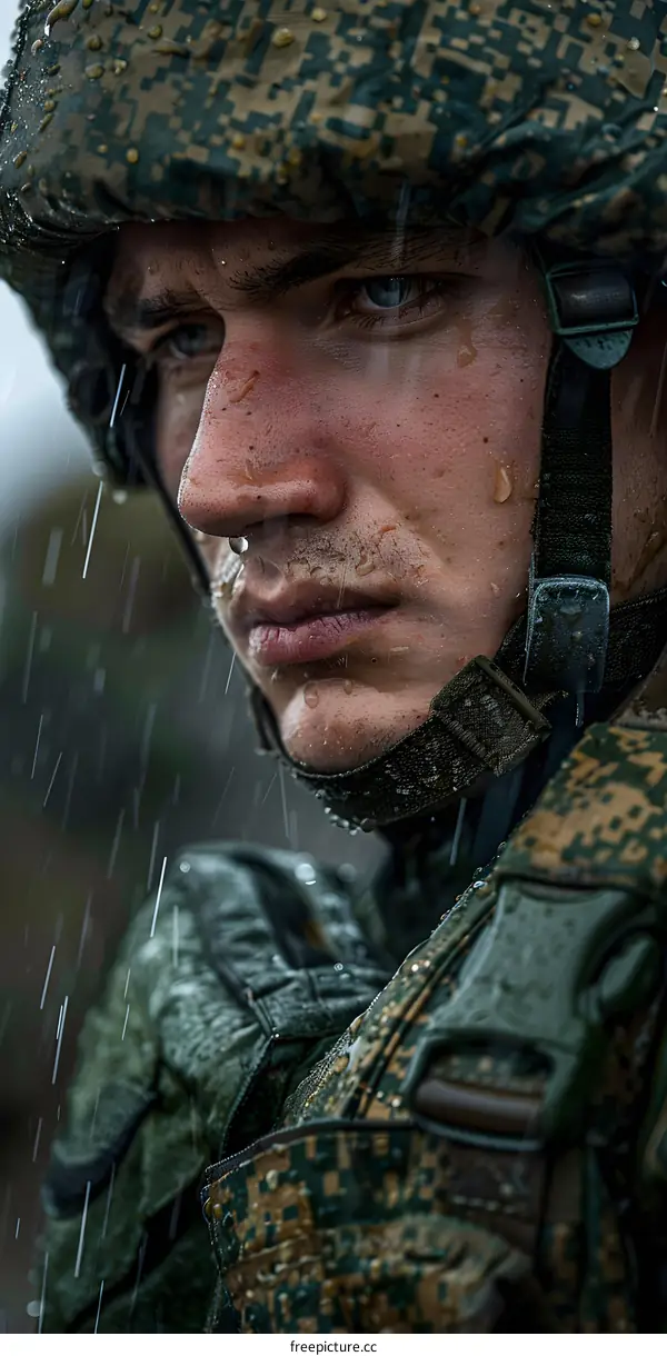 A soldier wearing a camouflage helmet and looking into the distance with rain on his face