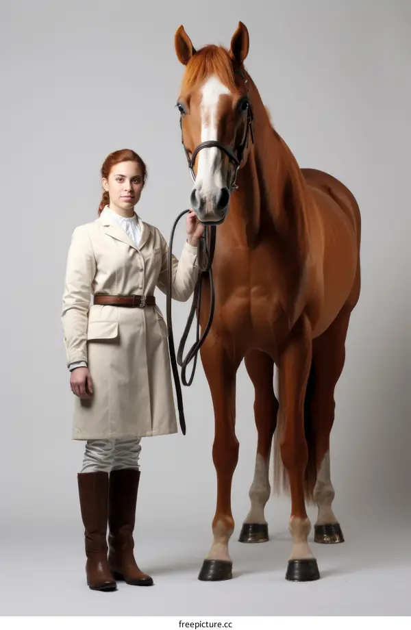 Equestrian Portrait of a Young Woman with a Brown Horse