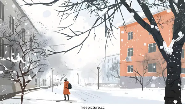 Winter Snow Scene with Woman Walking in a City Street