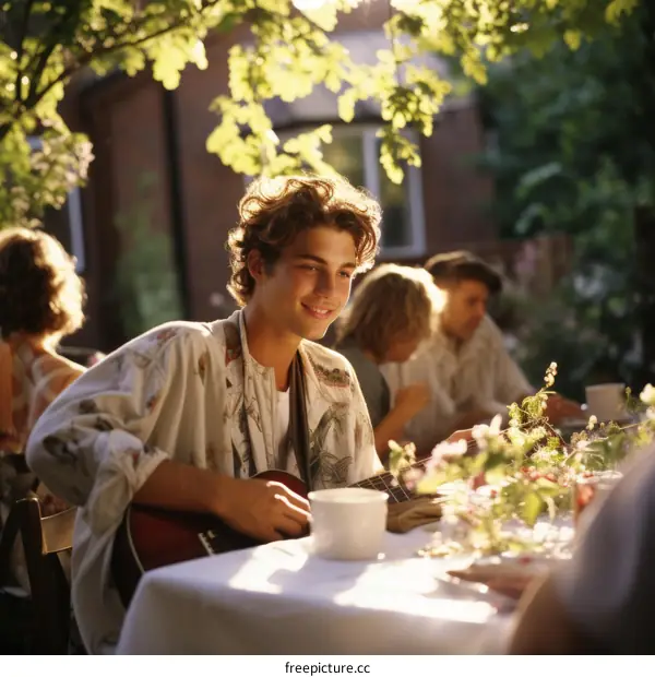 Young man playing guitar at a garden party