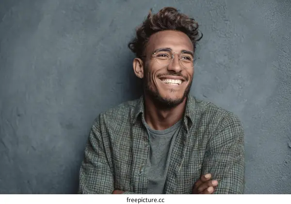 A cheerful young man with curly hair wearing glasses
