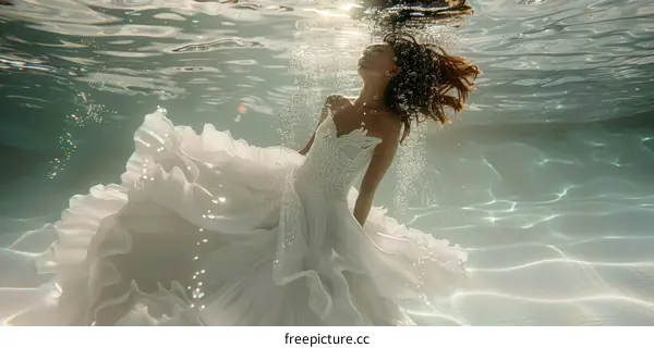 An underwater photo of a woman wearing a white wedding dress