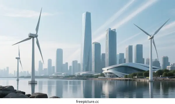 Modern Cityscape with Wind Turbines and Skyscrapers