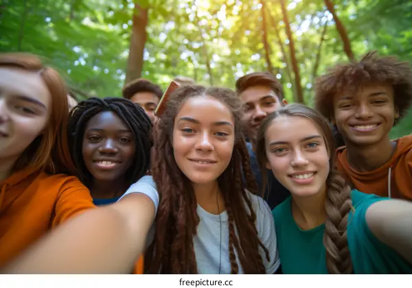 A group of diverse teenagers take a selfie in the woods