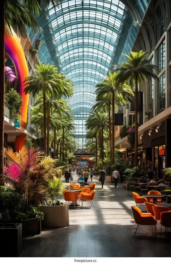 Palm trees in a modern shopping mall with glass roof