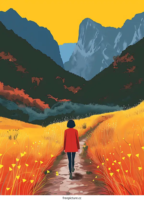 Woman Walking Alone on a Path Through Mountains