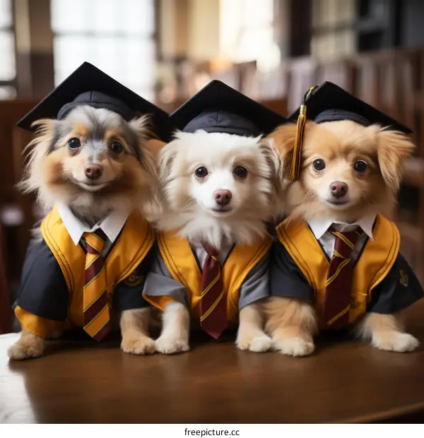 Three dogs in graduation caps and gowns