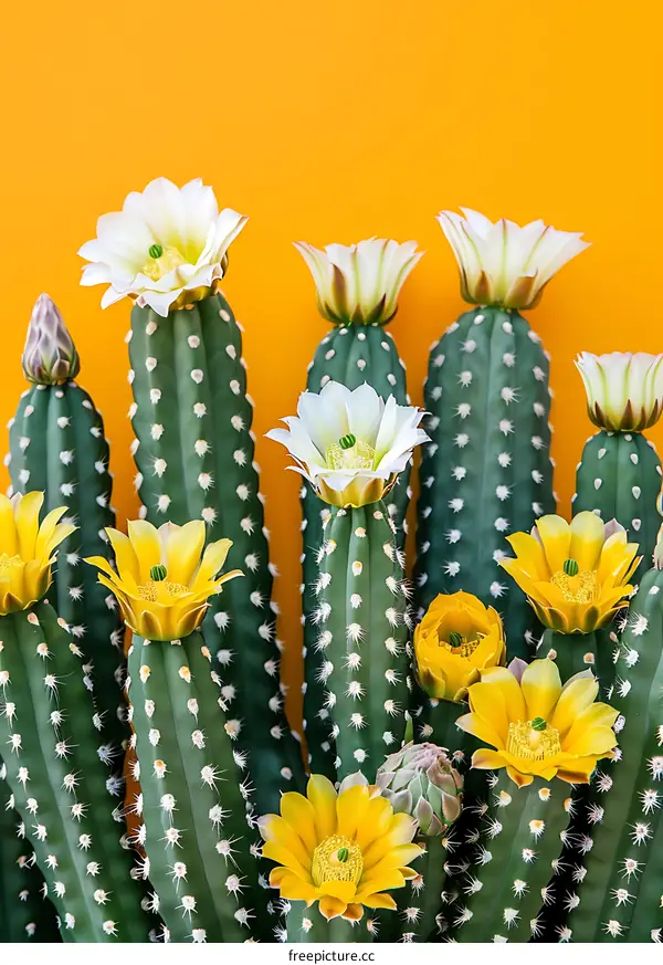 Cactus Flowers on Yellow Background