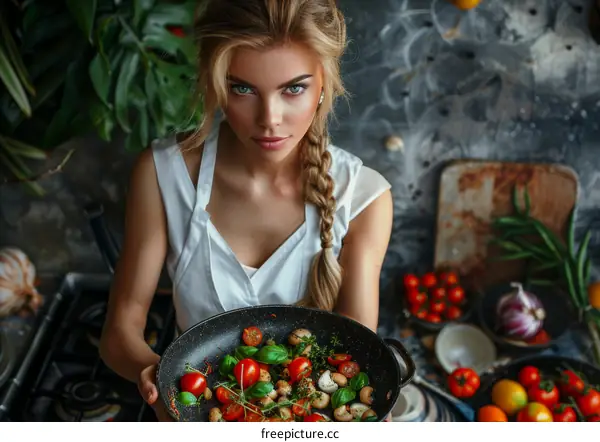 Blonde woman in a white apron holding a pan with vegetables