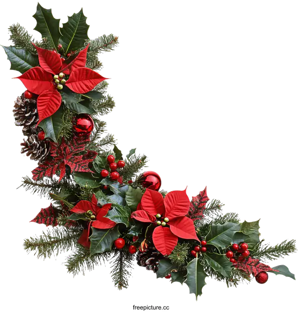 [Transparent Background PNG]Christmas Corner Decoration with Poinsettia and Holly