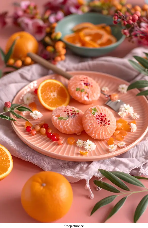 Orange Flavored Cakes on Pink Plate with Flowers and Oranges