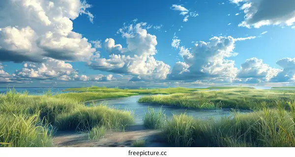 Tranquil Coastal Meadow Under a Sky of Clouds