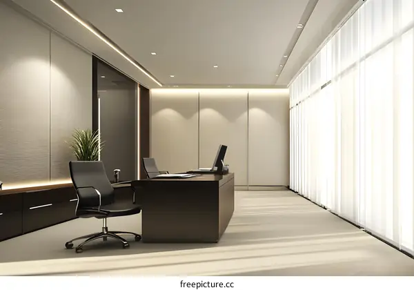 Modern Office Interior Design With Beige Walls And Large Windows