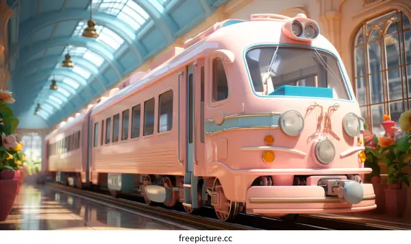 A pink and blue train sits in a station with a glass roof