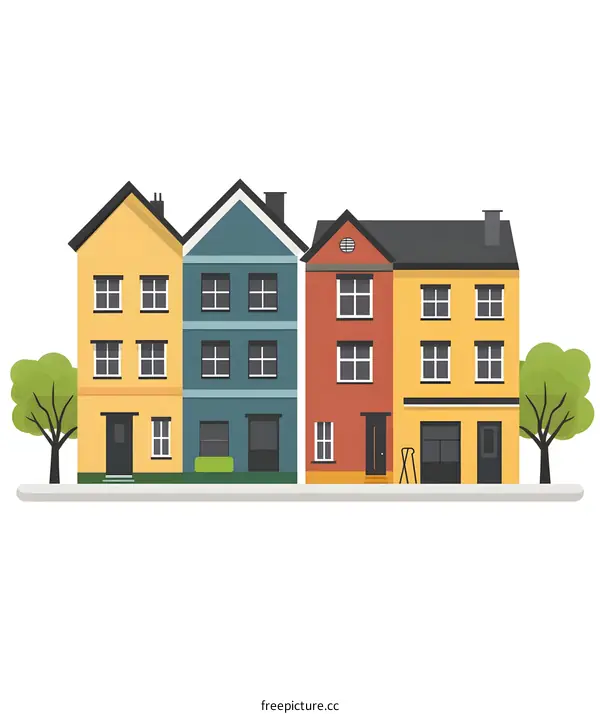 Colorful Row of Houses with Green Trees