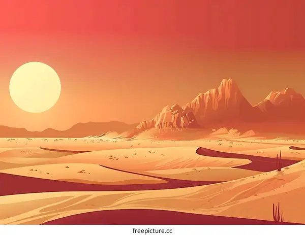 Desert Landscape with Sun and Mountains