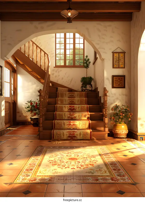 Wooden Staircase With Sunlit Foyer