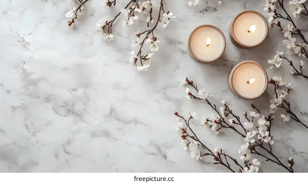 White Marble Background with Candles and Flowers
