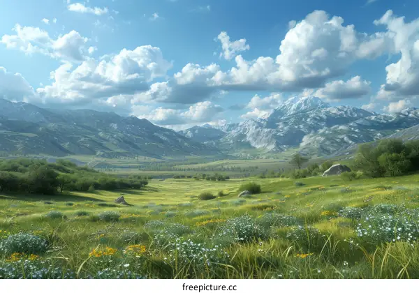 Serene mountain landscape with lush green fields and a meandering river