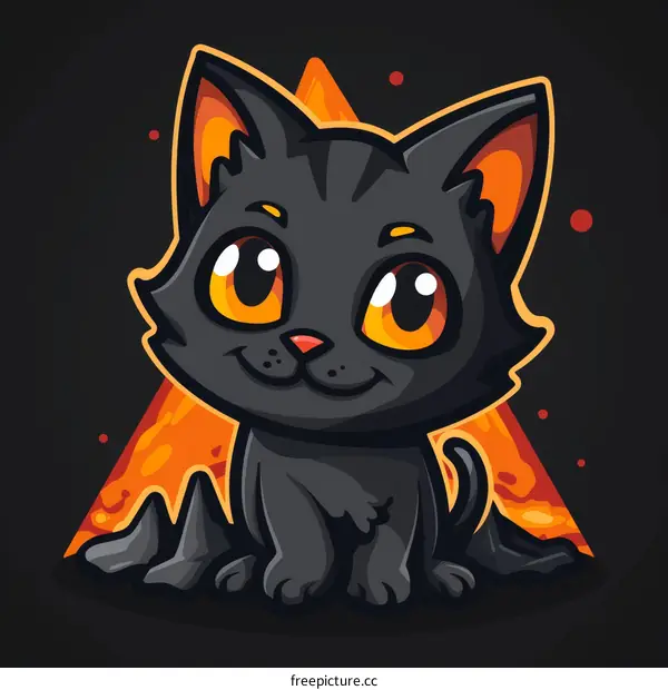 A cute black cat is sitting on a lava rock