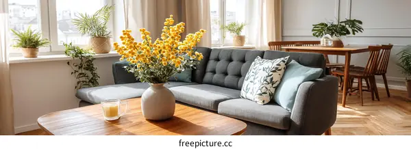 Modern Cozy Living Room with Yellow Flowers