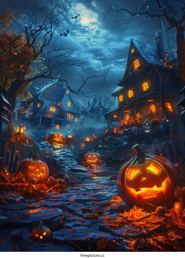 Spooky Halloween Village at Night