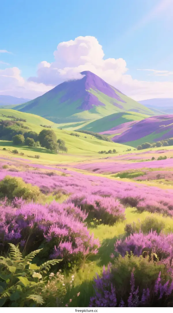 Vibrant Purple Heather Fields with Rolling Green Hills Under Cloudy Sky