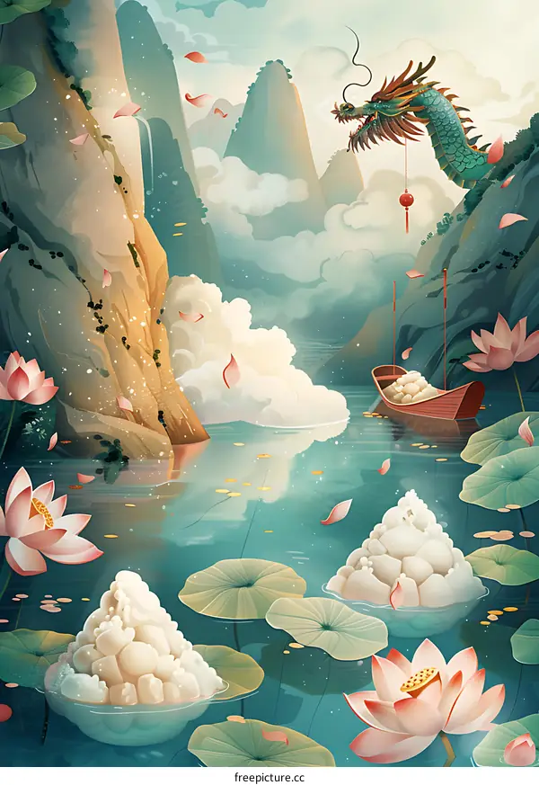 Dragon Boat Festival Scene with Dragon and Lotus Flowers