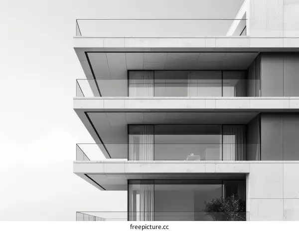 Balconies of a modern apartment building with large glass windows