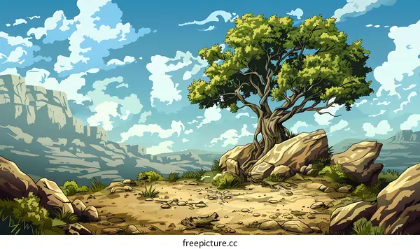 Cartoon Illustration of Tree on Rocks with Canyon in the Background