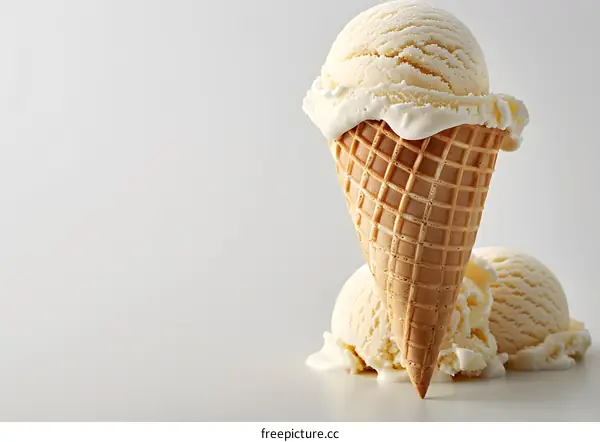 Vanilla Ice Cream Cone on White Background